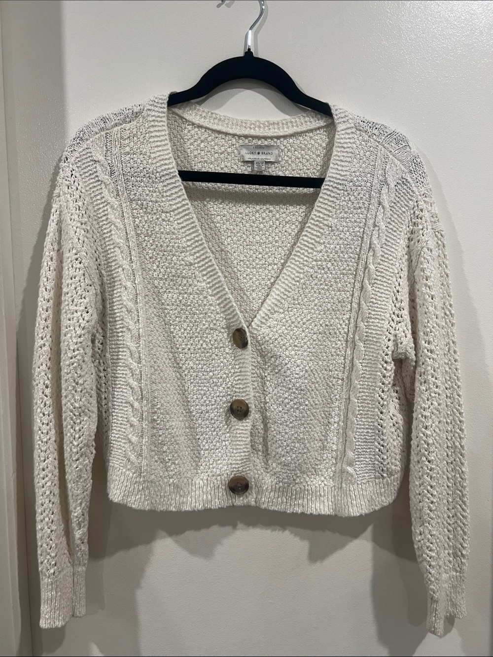 Lucky Brand Ivory Cropped Cable & Open-Stitch Button Cardigan